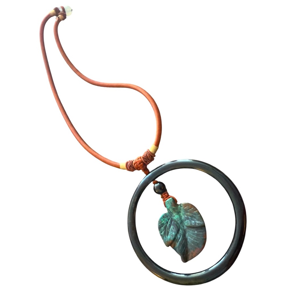 Artisian Bohemian Black Jade and Carved Chrysocolla Pendant Necklace, New